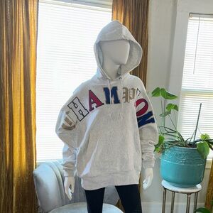 Champion Light Gray Crewneck Hoodie with Multicolor Arch Logo